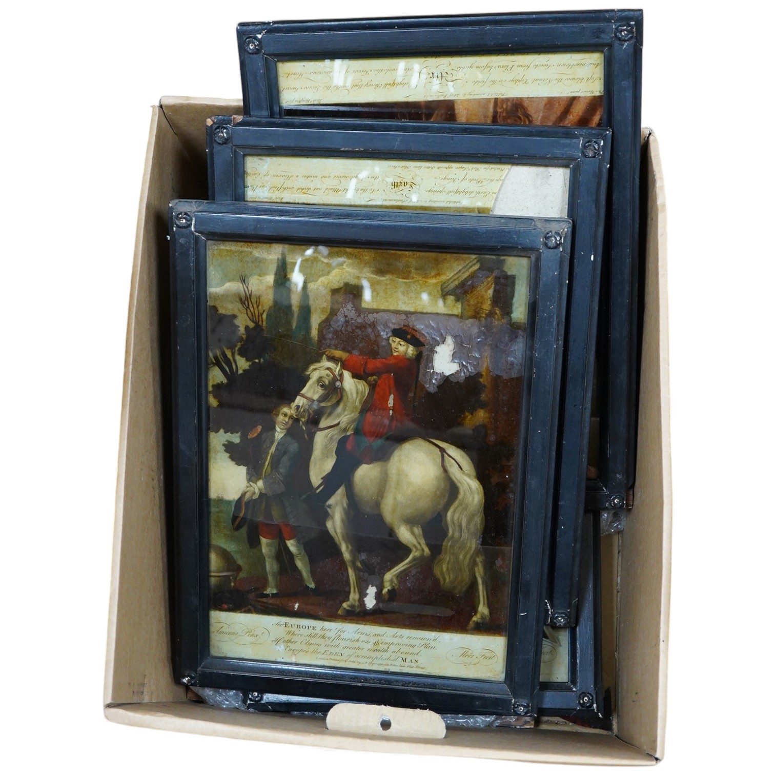 Five 19th century reverse glass painted prints to include after Amiconi, ‘See Europe Here!’, printed for and sold by B. Sayer, London, two damaged, framed, overall 41 x 30cm